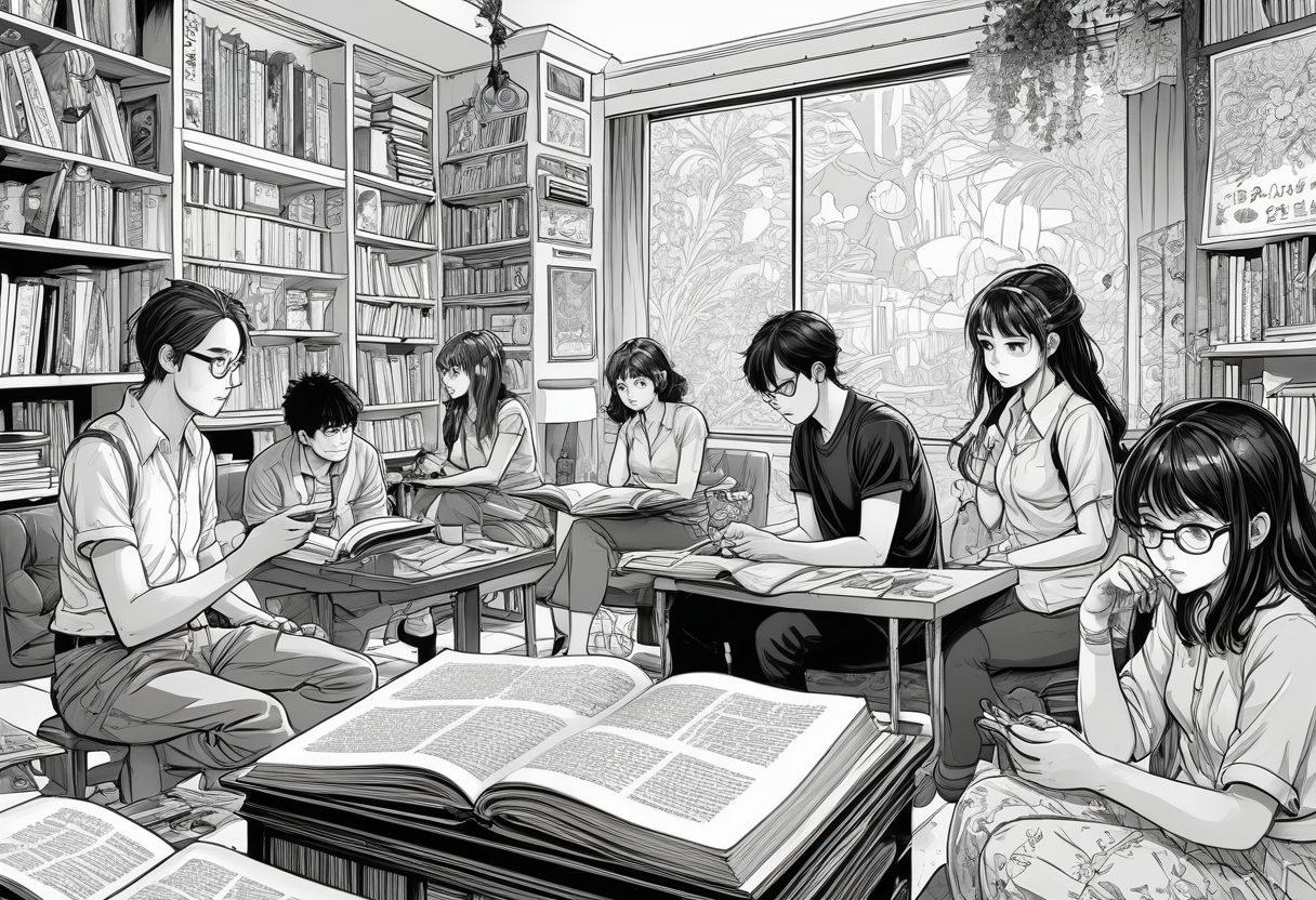 A whimsical illustration of diverse characters engaging in various aspects of hentai culture, surrounded by iconic graphic novel elements such as books, manga panels, and intimate scenarios. The background features abstract shapes representing the different subcultures, while bright colors evoke a sense of playful energy. Include elements like ink pens and sketchbooks to emphasize creativity and storytelling. cartoon style. vibrant colors. white background.